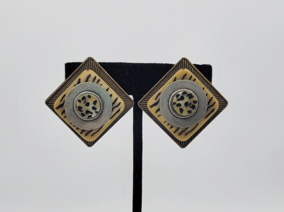 Vintage Two Tone Stacked & Layered Animal Print Geometric Clip On Earrings Costume Jewelry Retro Statement Women Accessories Square Diamond