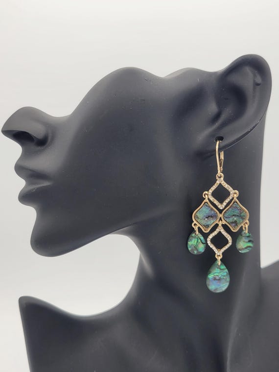 NEW Lonna & Lilly Gold Tone Openwork Chandelier Dangle Earrings with Rhinestones and Blue Green Shell Designs Costume Jewelry Statement