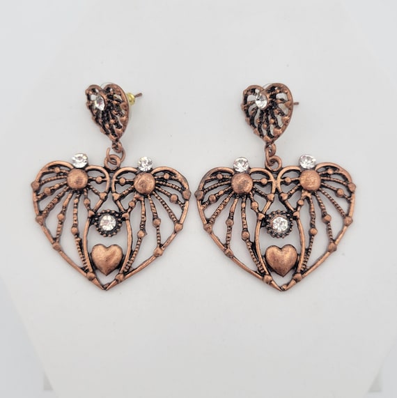 Vintage Antiqued Copper Openwork Filigree & Rhinestone Heart Shaped Dangle Earrings Costume Jewelry Women Statement Retro 2 1/8" Wings