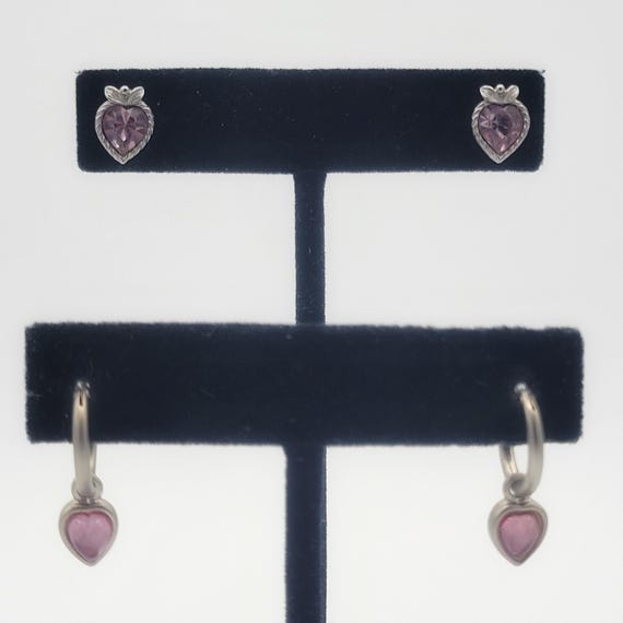2 Pair of Silver Tone Earrings with Pink Heart-Shaped Stones Costume Jewelry Retro Women Accent Nine West Dangles Studs Crystal Cabochons