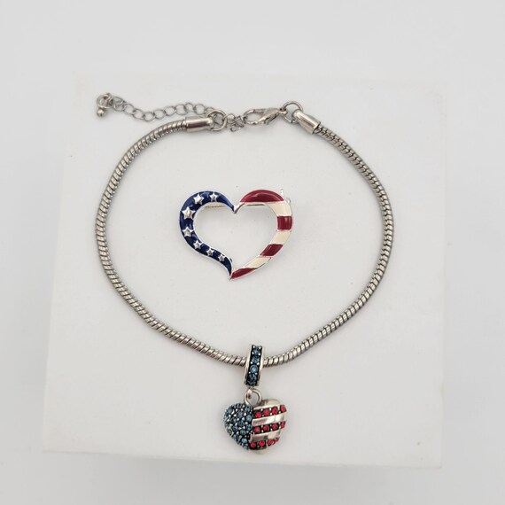 Vintage Silver Tone America Themed Jewelry Set with Bracelet & Brooch Costume Jewelry Retro Statement Lapel Hat Pin USA Red White Blue Avon