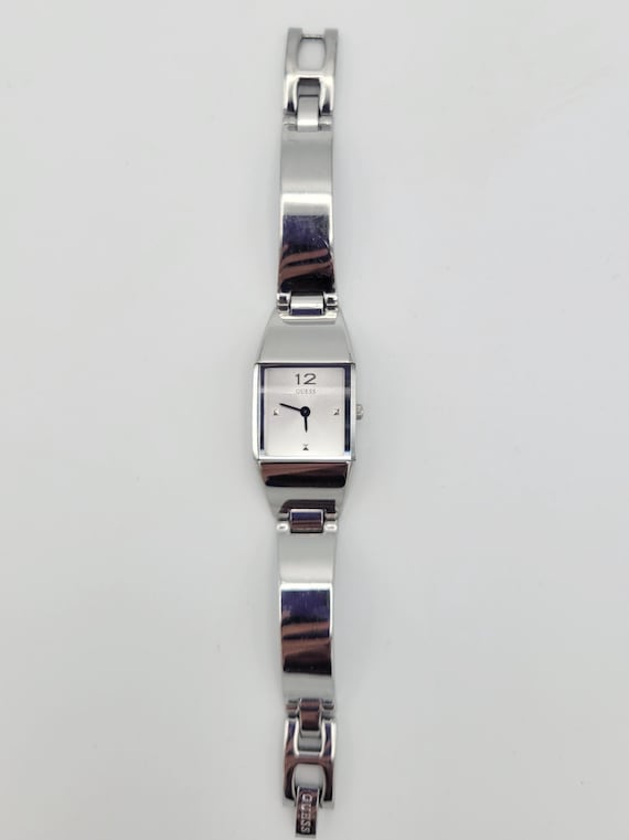 GUESS?SET~SILVER CLOCK?LEATHER/SILVER BRACELET? Vintage Guess Silver Tone Square Ladies Cuff Bracelet Watch  main image 4