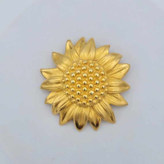 Vintage Doreen Ryan Oversize Gold Tone Convex Sunflower Brooch Costume Jewelry Retro Statement Women Pin Floral Flower Bloom Large Brushed
