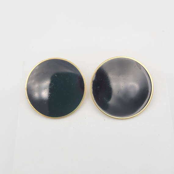 Vintage 1980s Oversize Thin Gold-Tone & Black Enamel Circle Stud Earrings Costume Jewelry Retro Women Statement 1 5/8" Diameter Lightweight