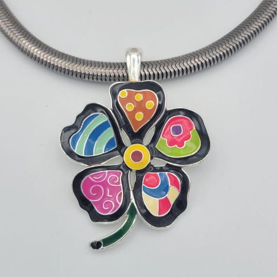 Vintage Roman Silver Tone & Rainbow Enamel Floral Pendant with Silver Tone Serpentine Necklace Costume Jewelry Retro Statement Oversize