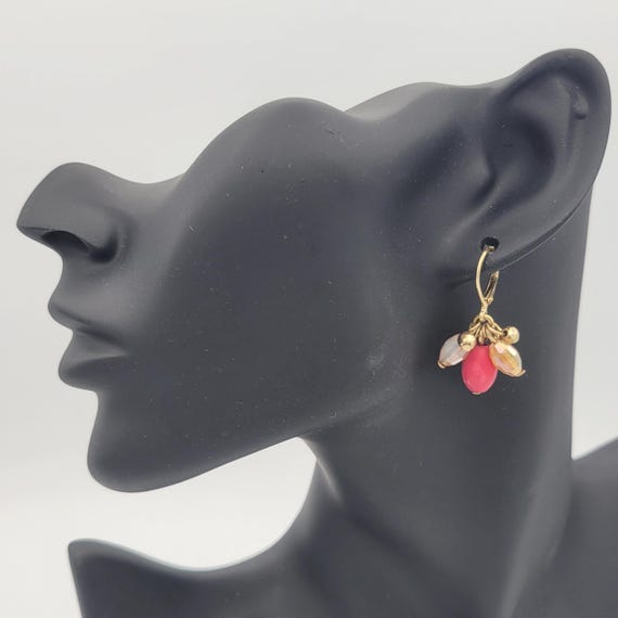 Vintage Gold Tone, Iridescent & Pink Beaded Dangle Drop Earrings Costume Jewelry Retro Women Statement 1 3/8" Lever Back Posts Small