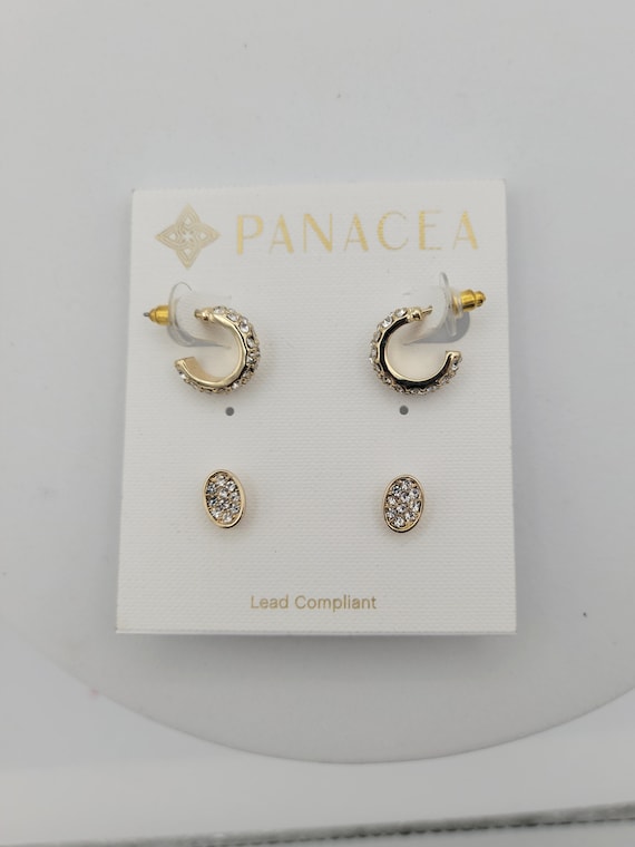 NEW Panacea Set of 2 Gold Tone & Rhinestone Earrings Hoops and Oval Studs Costume Jewelry Statement Retro Accessories Women Clear Round