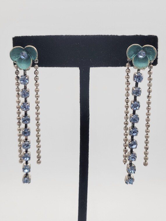 Vintage Silver Tone Blue Floral, Rhinestone & Beaded Chain Triple Strand Dangle Earrings Costume Jewelry Retro Women Statement 2 5/8" Long
