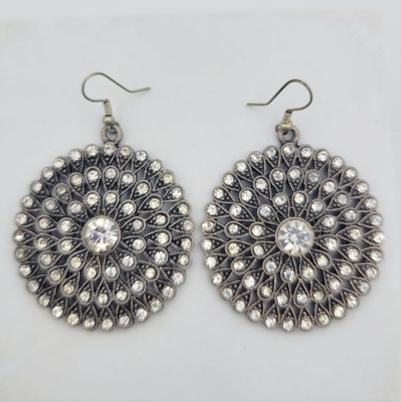 Vintage Silver Tone Openwork Medallion Disc Dangle Earrings with Rhinestone Accents Costume Jewelry Women Retro Teardrop Round Circle