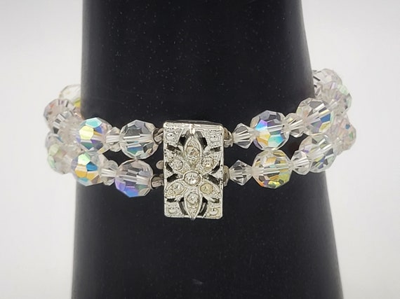 Vintage Silver Tone, Rhinestone & Iridescent Clear Faceted Bead Bracelet Costume Jewelry Retro Statement Women 2 Strands Box Clasp Floral