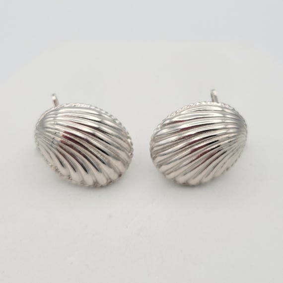Vintage 1950s Silver Tone Chrome Finished Shell Motif Wingback Clip On Earrings Costume Jewelry Retro Oversize Chunky Oval Textured