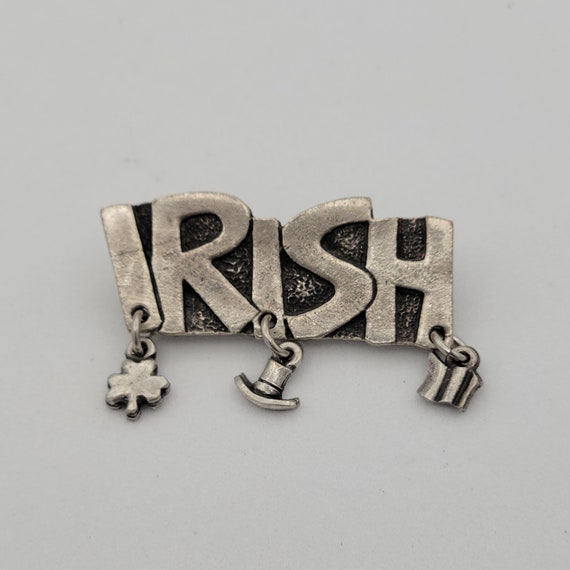 Vintage Silver Tone Irish Brooch with Dangling Shamrock, Hat & Flag Pin St. Patrick's Day Costume Jewelry Statement Luck Letters Clover