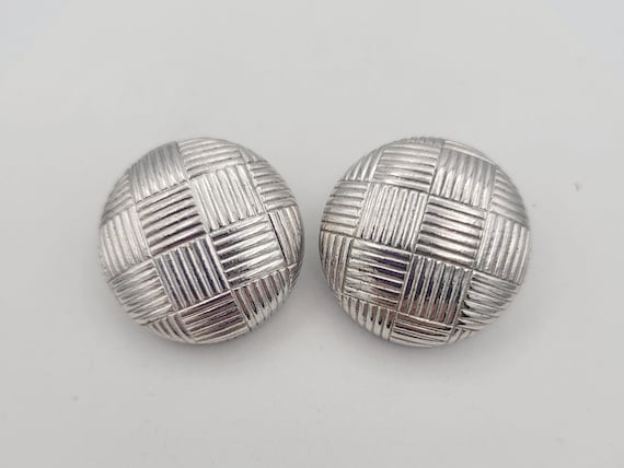 Vintage 1950s Coro Silver Tone Woven Texture Button Clip On Earrings Costume Jewelry Retro Women Statement Linear Lines Engraved Weave