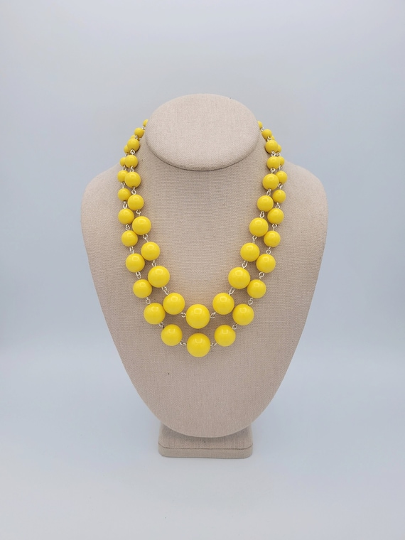 Vintage 2 Strand Plastic Yellow Beaded Choker Bib Necklace Costume Jewelry Retro Women Statement Adjustable Gradient Gradual Round Sphere