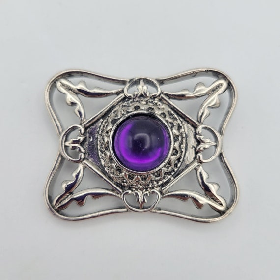 Vintage Openwork Rectangular Silver Tone Brooch with Purple Cabochon Costume Jewelry Retro Statement Women Pin Shiny Art Nouveau Filigree