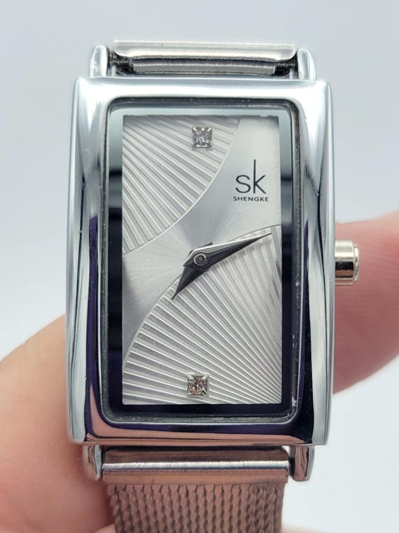 Vintage SK Shengke K0119L Silver Tone Rectangular Ladies Cuff Bracelet Watch Costume Jewelry Statement Timepiece Wristwatch Geometric Mesh