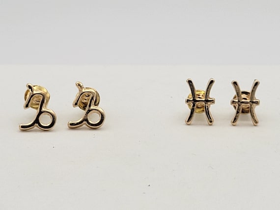 Small Gold Tone Zodiac Symbols Stud Earrings Pisces or Capricorn Costume Jewelry Statement Accessories Women Accent Astrology Astrological