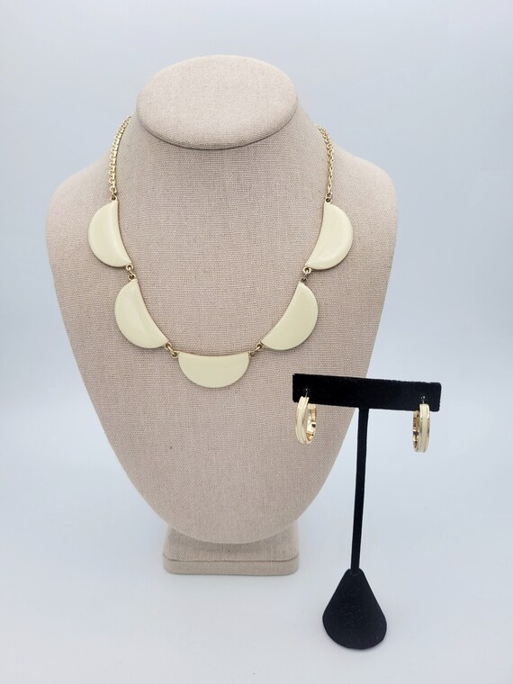 Vintage Gold Tone and Cream Enamel Jewelry Set with Bib Necklace and Hoop Earrings Costume Jewelry Retro Statement Women Half Circle White