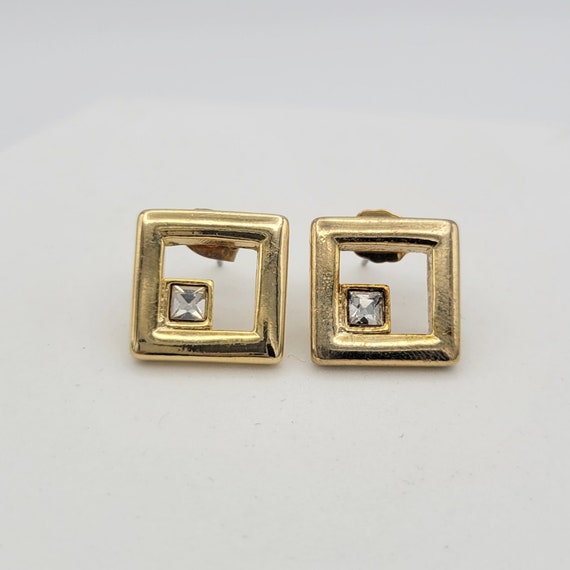 Vintage Gold Tone Openwork Square Geometric Button Earrings with Princess Cut Rhinestone Accents Costume Jewelry Retro Women Statement Small