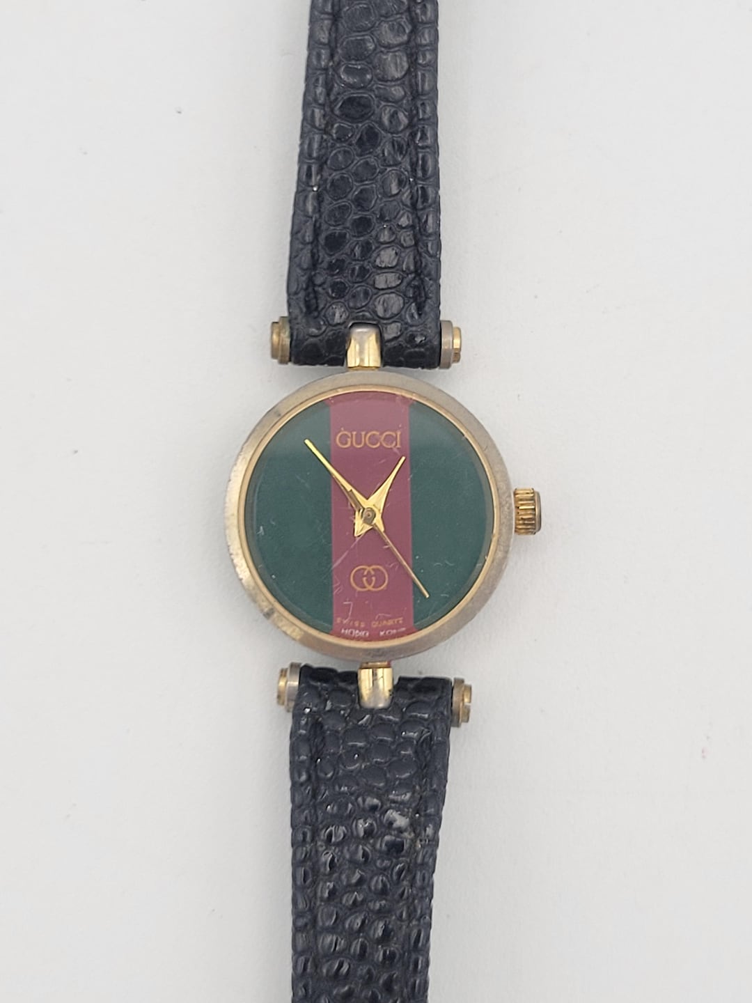 Vintage 1980s Gucci Gold Tone With Red Green Enamel Round Ladies