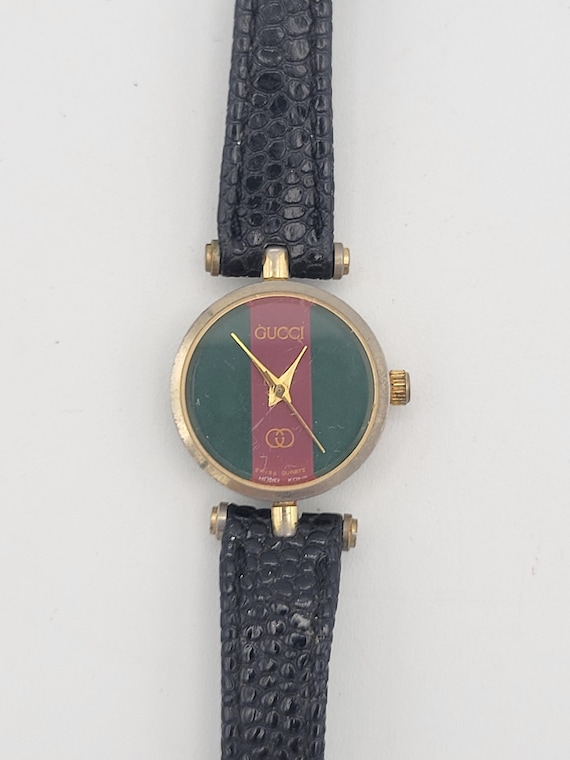 Vintage 1980s Gucci Gold Tone with Red & Green Enamel Round Ladies Watch with Black Leather Band Costume Jewelry Retro Statement Timepiece