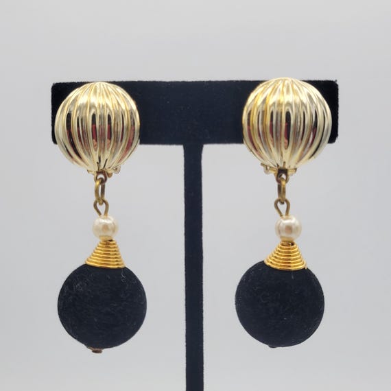 Vintage Oversize 1980s Gold Tone & Black Velvet Beaded Dangle Clip On Earrings Retro Women Accessories Costume Jewelry Beads Faux Pearl