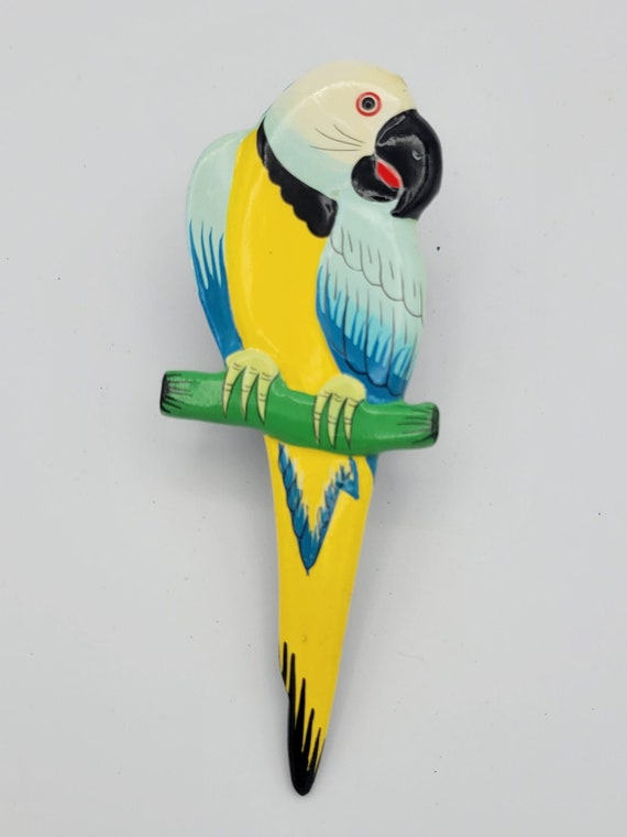 Vintage Wooden Tropical Parrot Scarf Slide Costume Jewelry Retro Statement Women Accessories Large Oversize Enamel Yellow Blue Green 5.5"