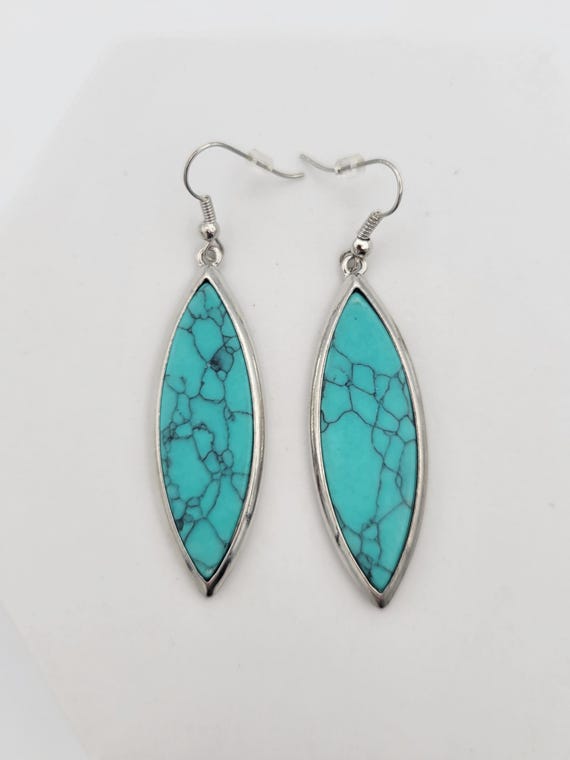 NEW Vintage Silver Tone Long Marquise Dangle Earrings with Faux Turquoise Costume Jewelry Women Statement Retro 2 3/4" Teardrop Blue Green