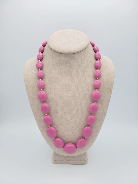 Vintage 80s Single Strand Pink & Gold Tone Oval Beaded Necklace Costume Jewelry Retro Statement 25" Long Chunky Thick Lightweight