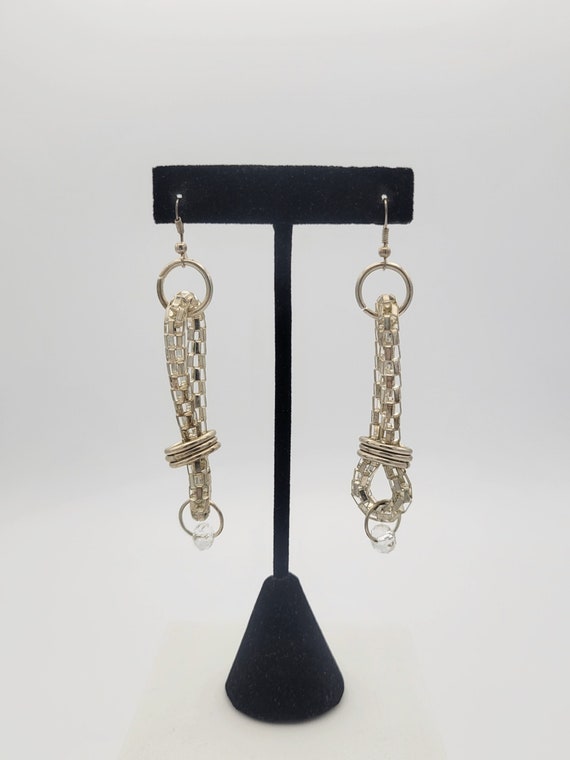 Vintage Silver Tone Box Chain & Ring Long Dangle Earrings Costume Jewelry Retro Women Statement 3 5/8" Faceted Bead Industrial Chrome Disco