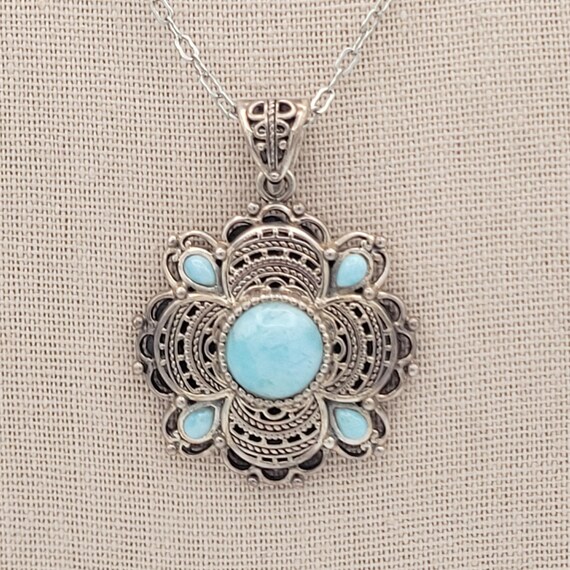 Vintage .925 Sterling Silver & Larimar Filigree Pendant with Silver Tone Link Necklace Fine Costume Jewelry Retro Women Accessories Floral