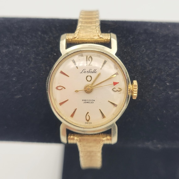 Vintage 1960s LaSalle Precision Jeweled Automatic Gold Tone Round Ladies Bracelet Watch Costume Jewelry Retro Women 10K Gold Filled Band