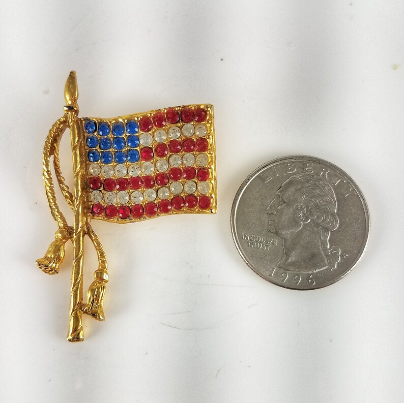 Vintage Gold Tone Double Tassel American Flag Brooch Costume Jewelry Retro Statement Pin Sparkle USA Independence Day 4th of July Pole