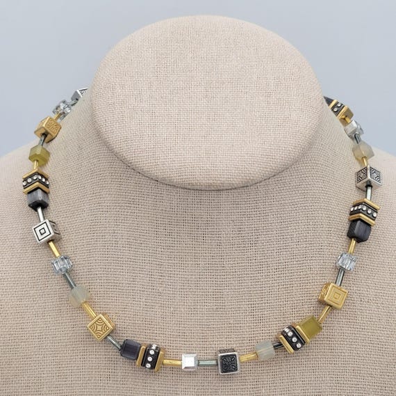 Vintage Brighton Two Tone Silent Code Choker Necklace Costume Jewelry Retro Statement Women Accessories Cube Square Beads Gold & Silver Tone