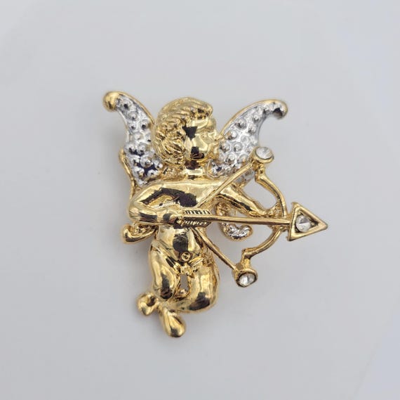 Vintage NEW Two Tone Cupid with Bow & Arrow Brooch Pendant Costume Jewelry Retro Statement Women Pin Chrome Wings Angel Valentine Love