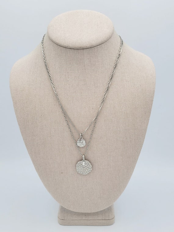 Vintage Silver-Tone Two in One Pendant Necklace with Disc Shaped Pendants & Rhinestone Accents Costume Jewelry Retro Statement Women Box