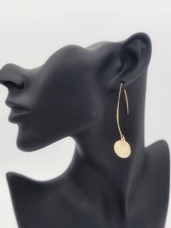 Vintage Gold Tone Circular Dangle Earrings with Long Ear Wire Hooks Costume Jewelry Retro Women Small Chrome 2 1/2" Long Minimal Simple