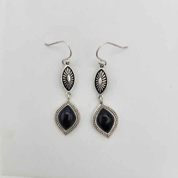 Vintage Silver Tone & Black Enamel Textured Dangle Earrings with Black Cabochons Costume Jewelry Retro Women Statement Starburst Nail Head