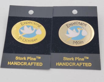 Vintage NEW Stork Pins Gold Tone Pregnancy Lapel Pin Brooch Costume Jewelry Women 1 1/4&quot; x  2 1/2&quot; Expecting Expectant Mom October Blue