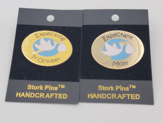 Vintage NEW Stork Pins Gold Tone Pregnancy Lapel Pin Brooch Costume Jewelry Women 1 1/4" x  2 1/2" Expecting Expectant Mom October Blue