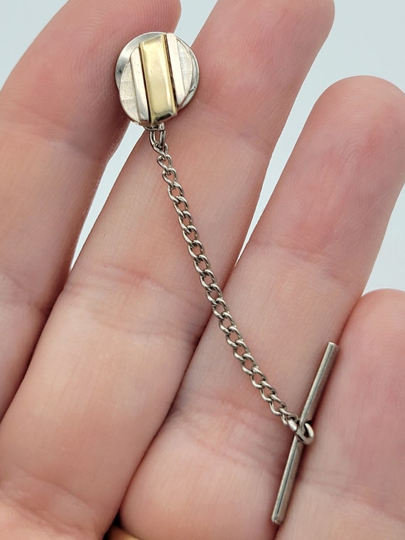 Vintage Two Tone Oval Linear Pattern Tie Tack Costume Jewelry Suit Men's Accessories Geometric 1/2" Textured Lines Beveled