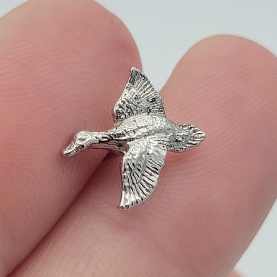Vintage Sterling Silver Duck In Flight Tie Tack & Chain Costume Suit Men's Accessories Retro Stud Simple Minimal Bird Wings Mallard Small