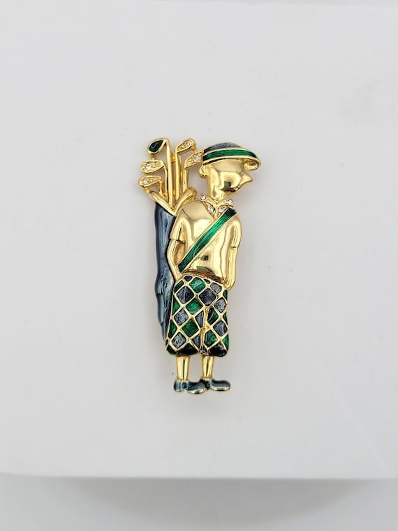 Vintage Gold Tone with Blue & Green Enamel Male Golfer Brooch Costume Jewelry Retro Women Accessories Lapel Pin Visor Golfing Club Caddy