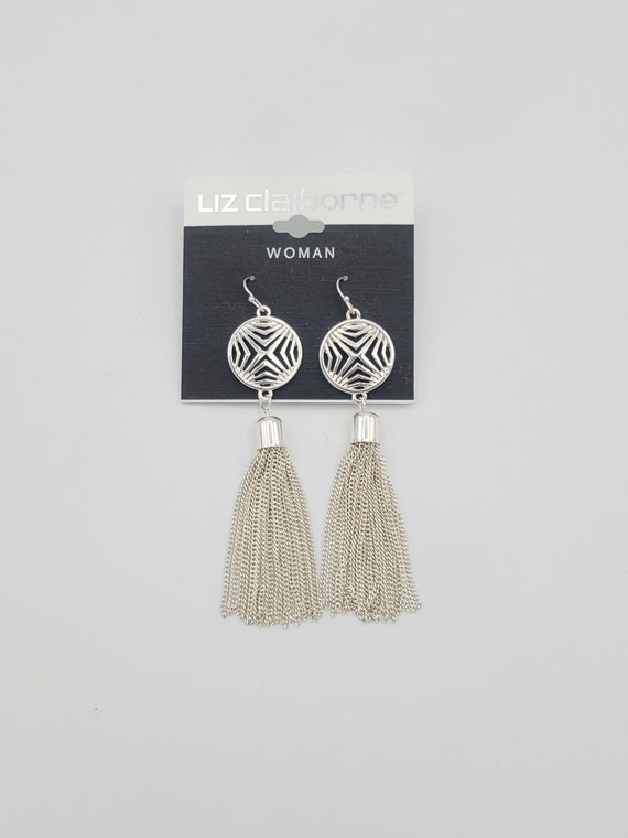 Vintage NEW Liz Claiborne Woman Silver Tone Tassel Dangle Earrings Costume Jewelry Retro Women Statement 3 5/8" Openwork Circle Chains Card