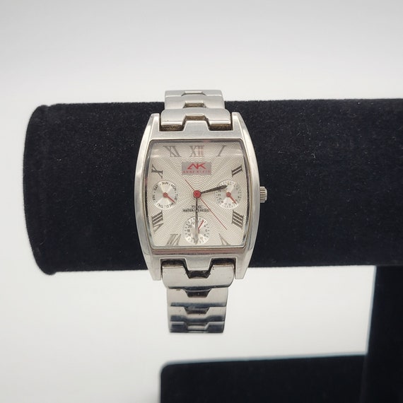 Vintage Anne Klein 10/5283 Silver Tone & Red Accent Ladies Bracelet Watch with Faux Chronographs Costume Jewelry Women Accessories Statement