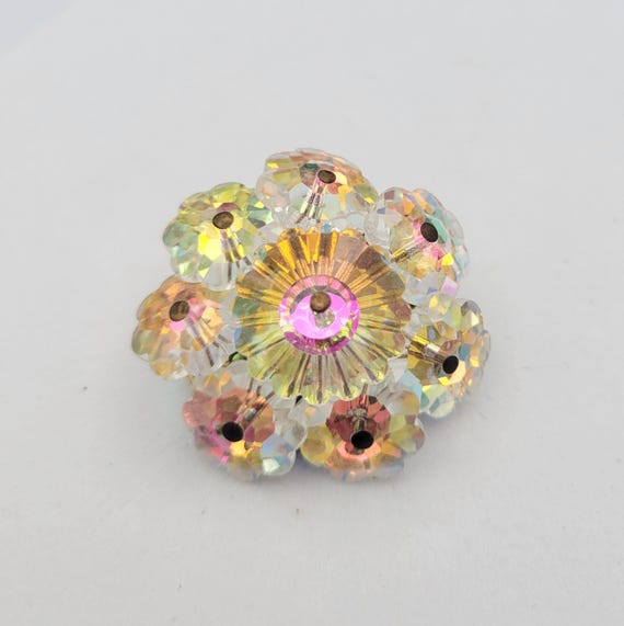 Vintage 1950s Gold Tone Aurora Borealis Iridescent Floral Cut Crystal Brooch Costume Jewelry Retro Statement Women Pin Flower Pink Orange