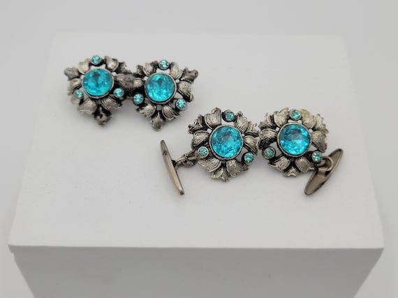Vintage 1950s Silver Tone Art Nouveau & Aqua Rhinestone Beaded Jewelry Set Costume Jewelry Retro Statement Women Accessories Chunky Leaves