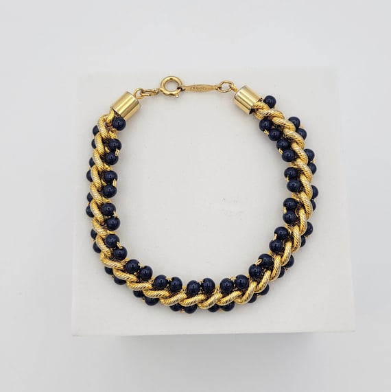 Vintage 1990s Napier Gold Tone Cable Chain Bracelet with Navy Blue Beads Costume Jewelry Retro Statement Women 7 1/2" Accent Twist Beaded