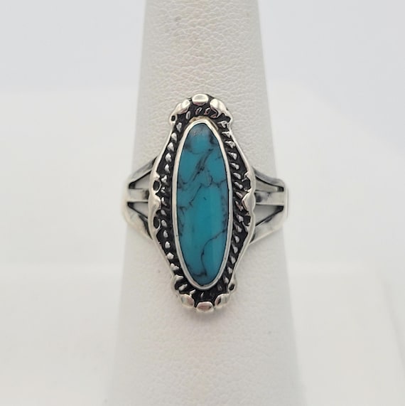 Vintage .925 Sterling Silver & Turquoise Oval Knuckle Statement Ring Right Hand Ring Costume Jewelry US Size 7 1/4 Elongated Oval 1" Wide