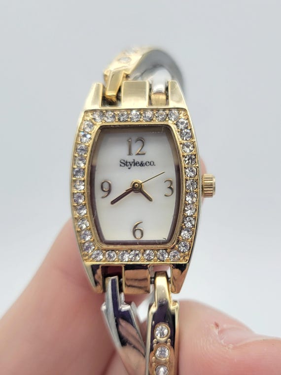 Vintage Style & Co. Two Tone Ladies Watch with Rhinestones, Mother of Pearl SC1166 Costume Jewelry Statement Timepiece Silver Gold Tone